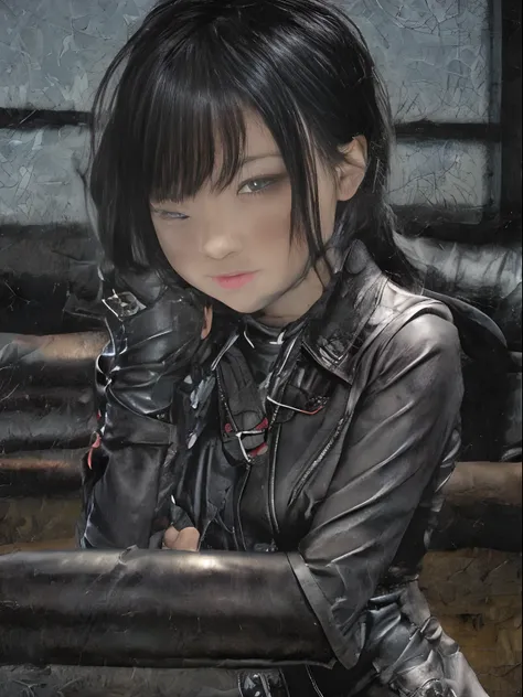 Wearing black leather gloves up to the fingertips in both hands, upper body, black leather double riders jacket, slender necklace, young and cute Japanese girl with beautiful black hair, sitting on a black leather chair facing the desk in the bosss empty r...