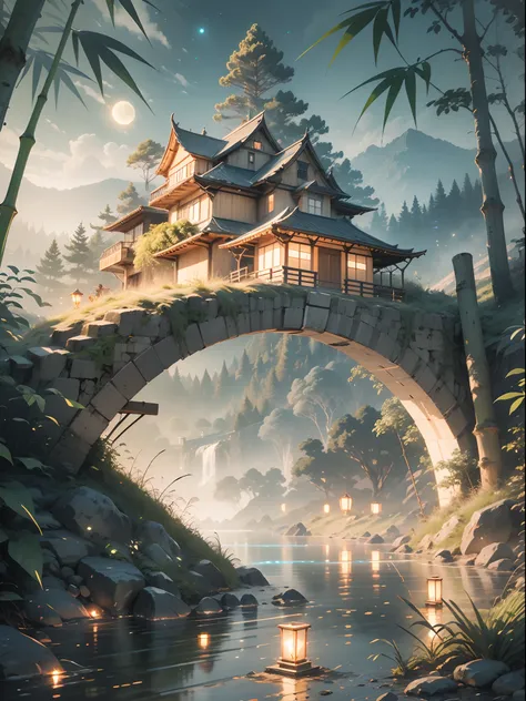 fantasy jungle, bamboo tree fantasy, long bamboo tree, realistic, fogy environment, artificial intelligence, artificial water so...