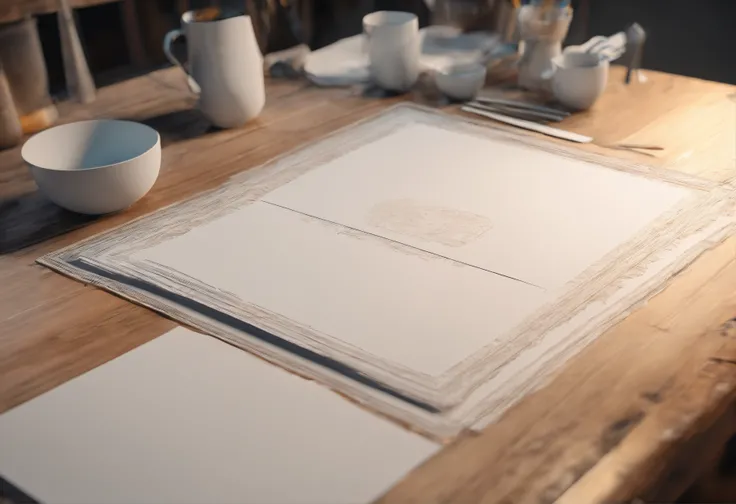 A blank piece of paper is placed on an empty table，Close-up overlook