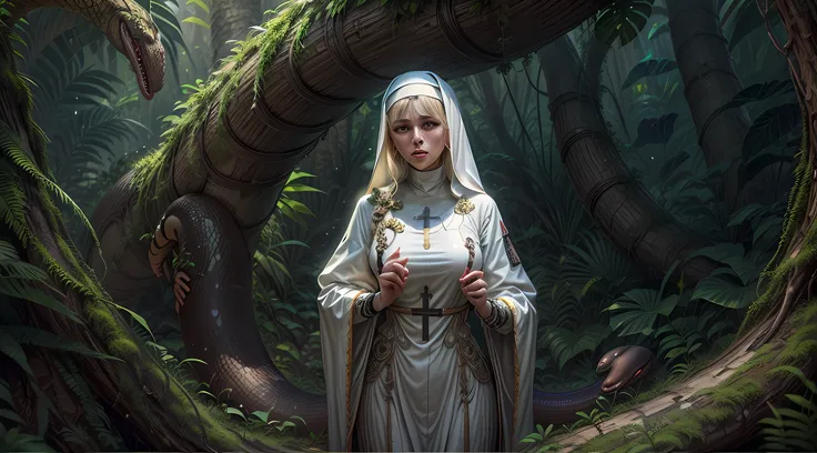 fantasy art, RPG art, a picture of a catholic nun getting lost in the jungle, a woman nun, wearing nun habit, dynamic colors nun habit, full body, an exquisite beautiful (ultra detailed, Masterpiece, best quality), best detailed face (ultra detailed, Maste...