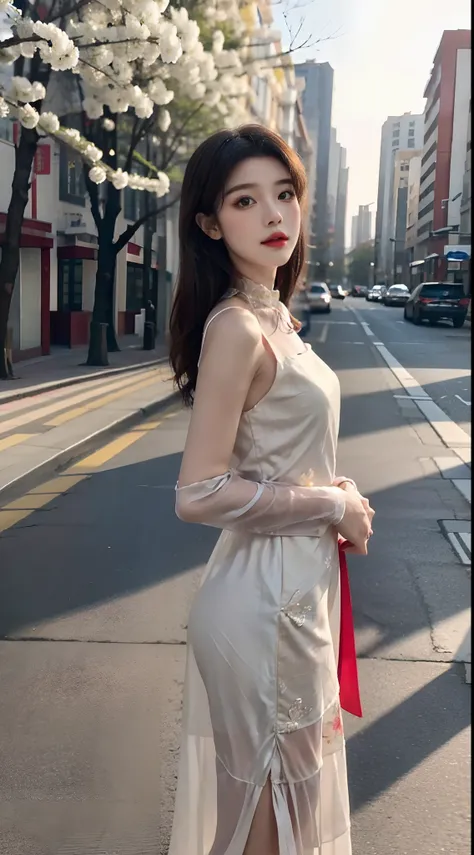 face to the viewer，Girl wearing beautiful floral dress，It shows a fresh and natural beauty。（The Chinese cheongsam is red），It is covered with a variety of colorful floral patterns，This makes the whole dress look elegant and gorgeous。The neckline of the dres...