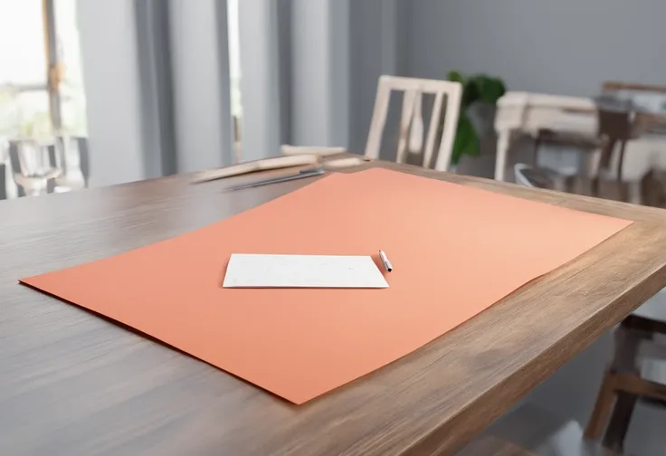 A blank piece of paper is placed on an empty table，Close-up overlook