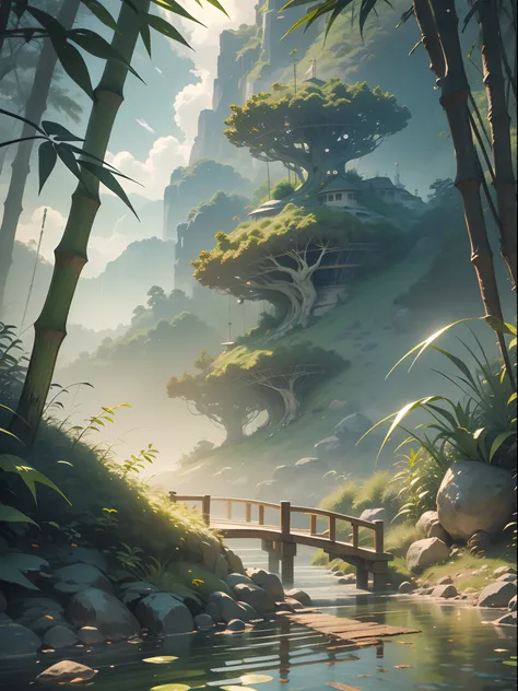 Fantasy jungle, bamboo tree fantasy, long bamboo tree, realistic, fogy environment, artificial intelligence, artificial water source, build a bridge between two different places which is surrounded by the bamboo trees, 8K best quality, AMD FidelityFX Super...