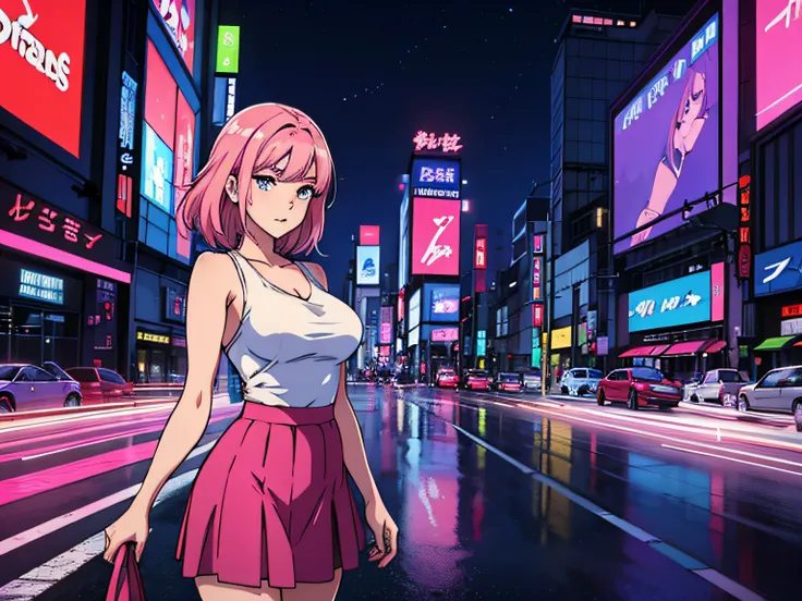 1anime girl with blue and pink hair, a sexy girl, Average Breasts, Synthwave Style Work, Against the backdrop of Tokyo at night and a detailed city, Beautiful reflections of light, Dynamic Scene, Ordinary womens streetwear, Girl in a skirt, Beautiful Light