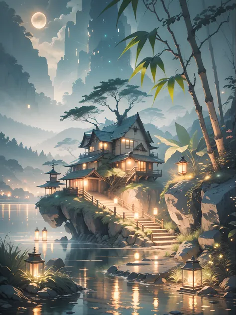 Fantasy jungle, bamboo tree fantasy, long bamboo tree, realistic, fogy environment, artificial intelligence, artificial water source, build a bridge between two different places which is surrounded by the bamboo trees, night view, 8K best quality, AMD Fide...