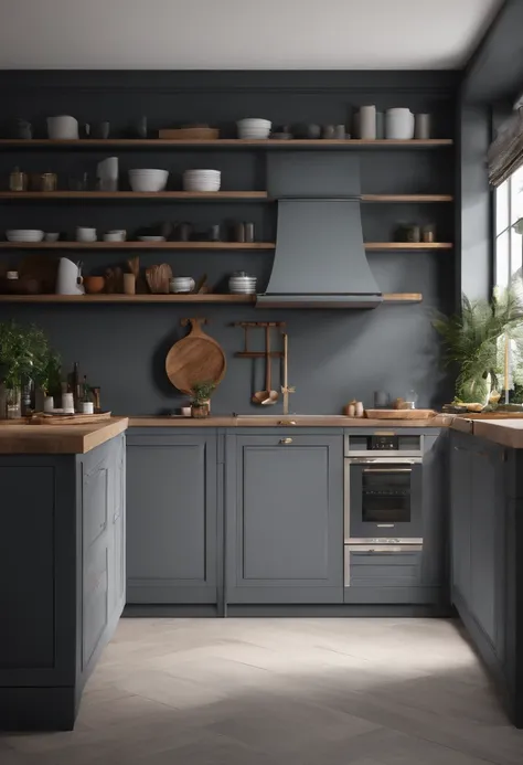 Illustration on the theme of a kitchen set without wall cabinets in gray