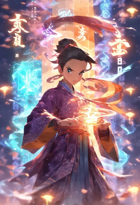 1boys,(((Solo)))，Young scholars of ancient China，(Hold the transparent illuminated scroll:1.5)，(Transparent glowing kanji hovering in midair:2)，（Transparent kanji background：1.5），Vertical text，glittery，Scholar in blue robes，Long flowing hair flutters in th...