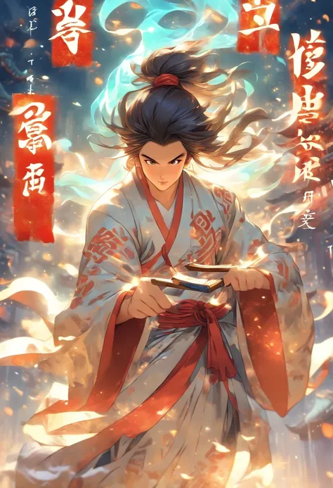 1boys,(((Solo)))，full body,Young scholars of ancient China，(Hold the transparent illuminated scroll:1.5)，(Transparent glowing kanji hovering in midair:1.6)，（Transparent kanji background：1.5），Vertical text，glittery，Scholar in blue robes，Long flowing hair fl...