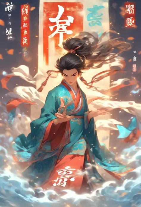 1boys,(((Solo)))，full body,Young scholars of ancient China，(Hold the transparent illuminated scroll:1.5)，(Transparent glowing kanji hovering in midair:1.6)，（Transparent kanji background：1.5），Vertical text，glittery，Scholar in blue robes，Long flowing hair fl...