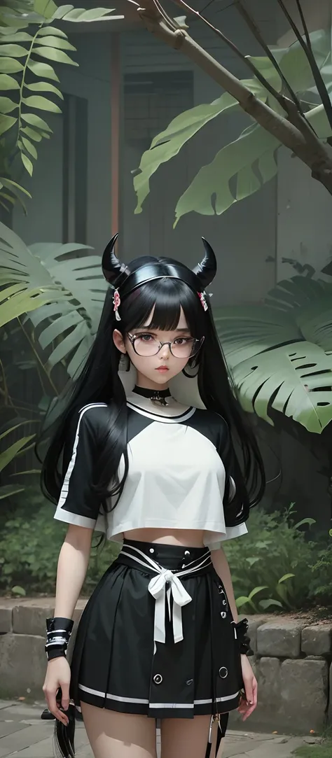 beautiful girl, white t-shirt with black stripes, sexy black mini skirt, doll hanging at the waist, clear glasses, long tied black hair, horn decoration on the head,beautiful Japanese face, detailed eyes, super high detail, ultra detail, high resolution, r...