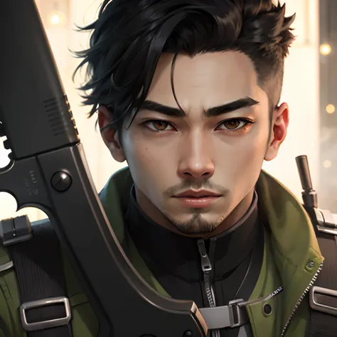 Anime semi realistic style of a male Korean spy with a pistol