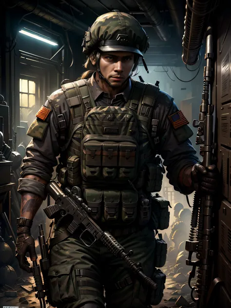 Soldiers in dark uniforms and assault rifles, ruined background, Realistic, Stylish, Assault vests, hdr, Intricate details, ultra - detailed, Cinematic, rim-light, danger atmosphere