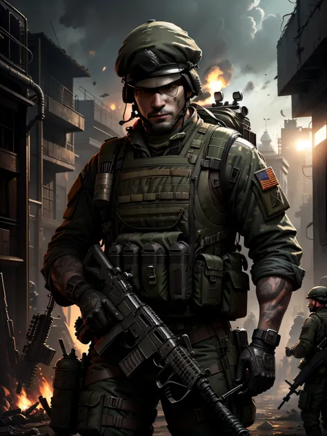 Soldiers in dark uniforms and assault rifles, ruined background, Realistic, Stylish, Assault vests, hdr, Intricate details, ultra - detailed, Cinematic, rim-light, danger atmosphere