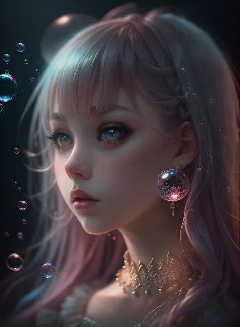 Insanely detailed photorealistic art of candy girl with candy jewellery, intricate bubble background, pastel aesthetic, mysterious vibes, gloomy aura, candycore, fairycore, kawaiicore, scenic, polished, complex, double exposure, stunning, creative shot, am...