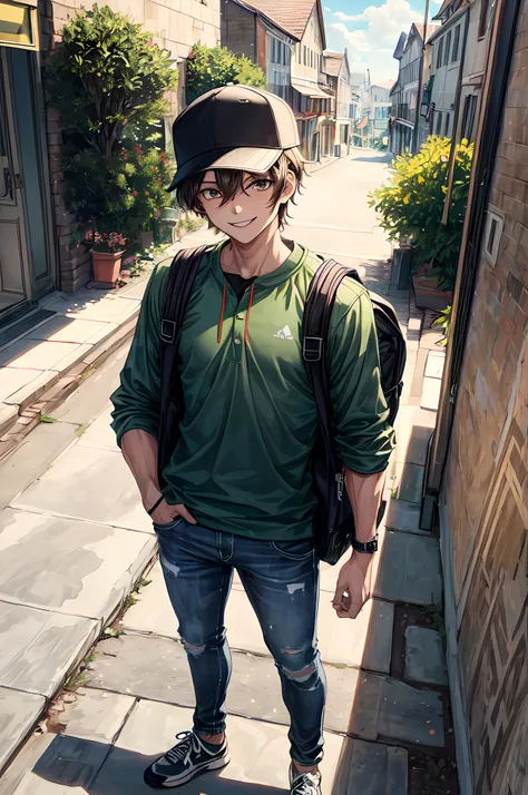 (best quality),(masterpiece),(original),extremely detailed wallpaper,looking at viewer,1boy,male,male focus,solo,black baseball cap,green jersey,sunglasses,smile,jeans,white backpack,standing,headset,