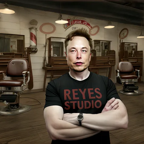 Genera una imagen digital de Elon Musk en una pose segura, Con los brazos cruzados, wearing a black T-shirt with the inscription "REYES STUDIO" en el pecho. The background of the scene should represent a real barbershop, with characteristic elements such a...