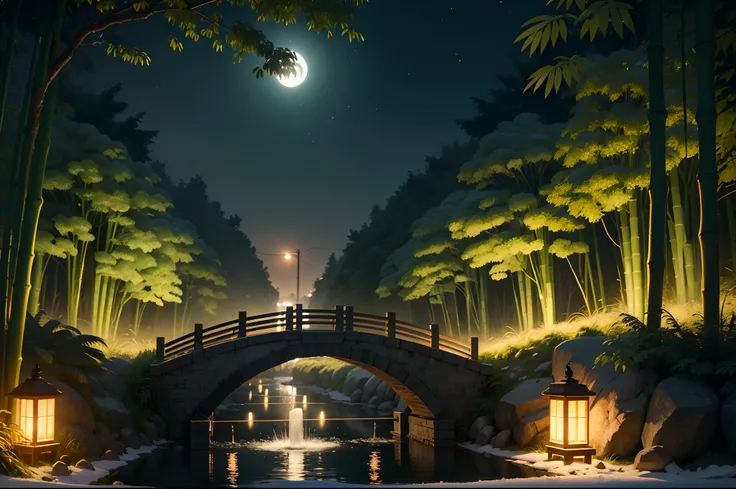 Fantasy jungle, bamboo tree fantasy, long bamboo tree, realistic, fogy environment, artificial intelligence, artificial water source, build a bridge between two different places which is surrounded by the bamboo trees, night view, 8K best quality, AMD Fide...