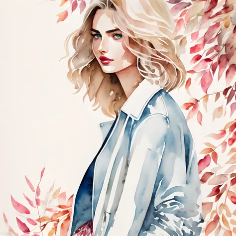 Kelly smith watercolor art Blonde Woman thin hair, french bob, gray blue eyes, red lipstick, andreea diaconu, peach beige dress, jacket, windy, green leaves tree, summer, fantasy, artistic brushstrokes