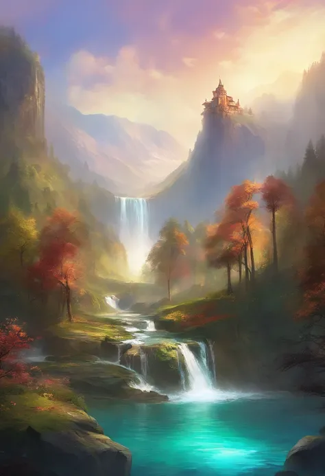 painting of a waterfall in a mountainous area with a house on the top, vertical wallpaper, 4 k vertical wallpaper, 4k vertical wallpaper, 8 k vertical wallpaper, 8k vertical wallpaper, ross tran. scenic background, beautiful mattepainting, 4 k matte painti...