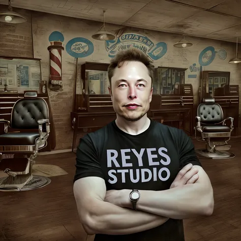 Genera una imagen digital de Elon Musk en una pose segura, con los brazos cruzados, wearing a black T-shirt with the inscription "ESTUDIO REYES" en el pecho. The background of the scene should represent a real barbershop., with characteristic elements such...