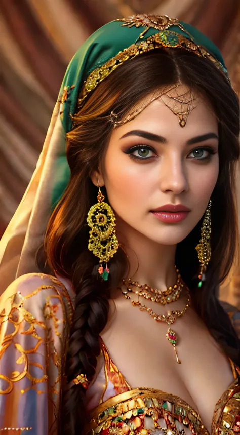 "a stunning afghan woman dressed in traditional attire, adorned with exquisite makeup, a headscarf, and captivating jewelry."