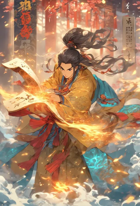 1boys,(((Solo)))，full body,Young scholars of ancient China，(Hold the transparent illuminated scroll:1.5)，(Transparent glowing kanji hovering in midair:1.6)，（Transparent kanji background：1.5），Vertical text，glittery，Scholar in blue robes，Long flowing hair fl...