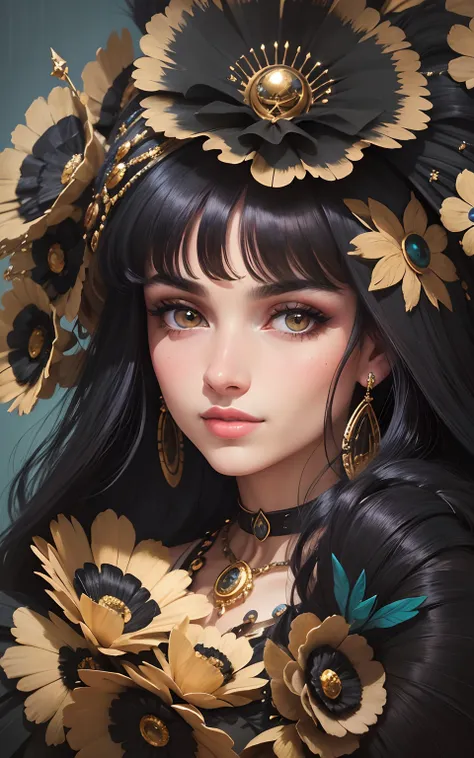 close-up profile portrait of 19 years old Gypsy lean girl with a slight smile, extreme long sleek strait coal black hair, bijou jewelry, in canvas print, collage-based, fashion illustration, vivid dark earth pastel color palette, glitter, in the style of t...