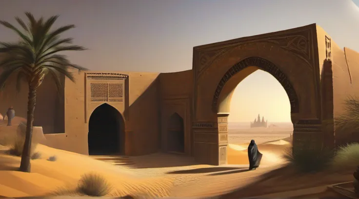 un tuareg di spalle che attraversa A masonry arch in the desert and in the distance the ancient city of Timbuktu