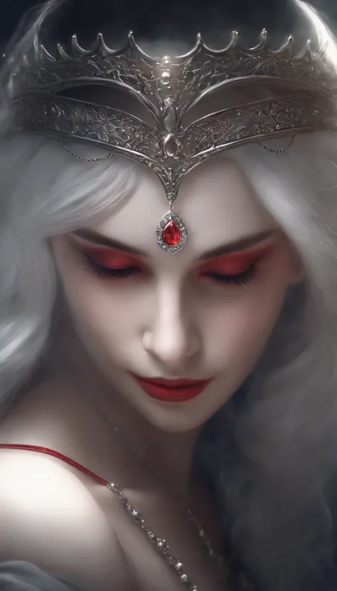 White-haired animated girl, The red dress was blindfolded, Gray-haired god, cradling hands, DOA, Unreal-Fantasy, Guwitz, Fantasy art style, White mask, beautiful fantasy maiden, White-eyed girl, Beautiful girl, gray-haired girl, Delicate white eyes, Guvitz...