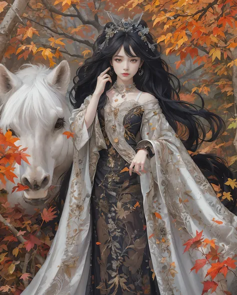 Best quality, masterpiece, meticulous details, intricate detail, realistic, 2 persons, a mystical autumn lady with black hair [SKIP] a mystical halloween lady with white hair