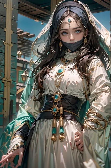 in a panoramic view，photorealestic，8K，with blue sky and white clouds，2 Arab slave girls，Wear a translucent traditional Arabian burqa，Arabic hijab，The Arabian veil is masked，Bind your hands，bound waist，anklet，sat on the ground，Waiting，Eyes seductive，A mask，...