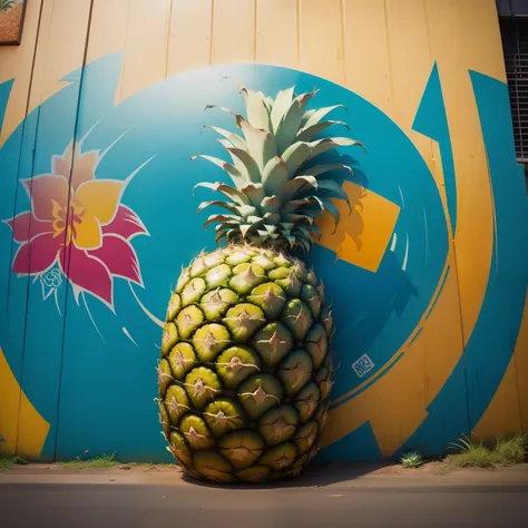 Graffiti, pineapple, The whole picture, hight resolution、highly contrast、charicature、hawaii