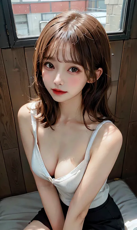 top-quality、masuter piece、Beautiful smooth skin、The chest is open、Cardigan naked、cleavage of the breast、Breast underbreast、a short skirt、sitting on、Small breasts、Medium-sized breasts、NSFW、cowboy  shot、Shoulder out