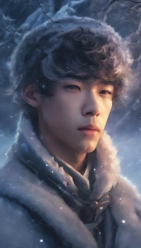 Winter lights, winter setting, Masterpiece, Young Korean idol boy in Focous shot, Korean male,Full body size, Christmas theme, With gray eyes, Vertical pupils, forest, whaite hair, Cold look, Lightweight, modern clothing, Pale skin, colorgrading, Lighting ...