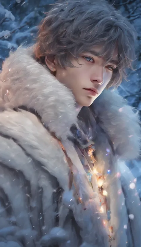 Winter lights, winter setting, Masterpiece, Young Korean idol boy in Focous shot, Korean male,Full body size, Christmas theme, With gray eyes, Vertical pupils, forest, whaite hair, Cold look, Lightweight, modern clothing, Pale skin, colorgrading, Lighting ...