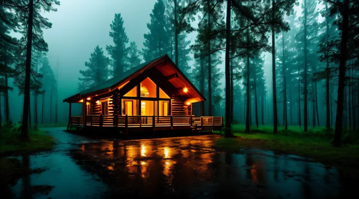 a cabin in the forest at night on a rainy day