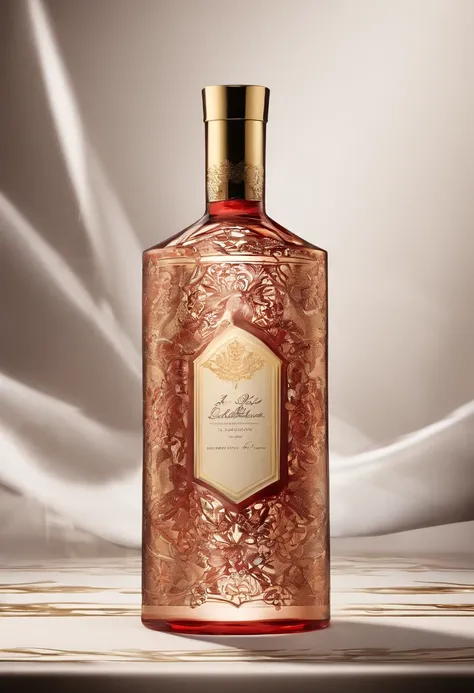 Liquor advertising，A high-end bottle of liquor packaging，Simple，atmospurate，Fine，The red tone is predominant，gold filigree