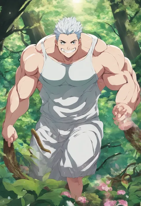 high resolution, male, man, anime boy, cute smile, pleasure, sweaty, uncensored, NSFW, penetration, sweaty, big plump chest, big pecs, lace underwear, chubby, playing with , vibrator, forest, tentacles, monsters watching