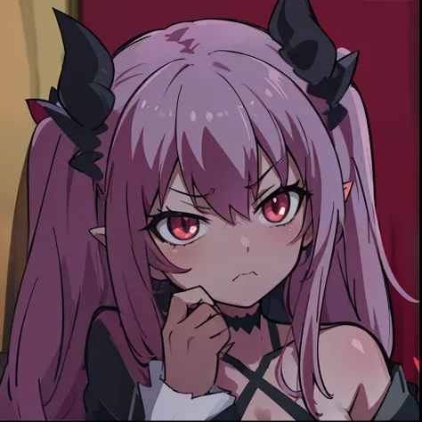 anime style. demon girl. rose hair. red-eyes. hand on cheek. dark outfit. sharp ears. indifferent face. demonic horns