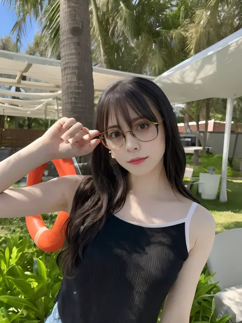 There is a woman standing in the grass wearing glasses, Belle Delphine, with glasses, wavy long black hair and glasses, anime thai girl, 奈良美智, real life anime girl, sakimichan, dilraba dilmurat, With long hair, long black hair with bangs