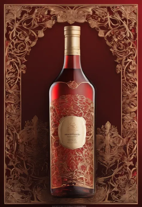 Alcohol advertising，High-end bottled wine，Simple，atmospurate，Fine，The red tone is predominant，gold filigree，The contents contain the outer packaging bottle