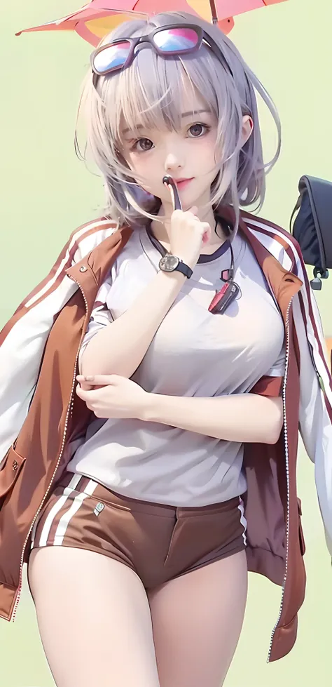 Anime girl with sunglasses and jacket holding umbrella, anime visual of a cute girl, Anime moe art style, with index finger, female anime character, Kantai collection style, Anime figure, anime visual of a young woman, up of young anime girl, An anime girl...