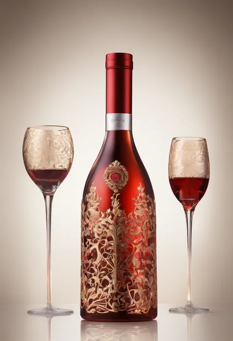 Alcohol advertising，High-end bottled wine，Simple，atmospurate，Fine，The red tone is predominant，gold filigree，The contents contain the outer bottle