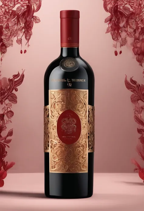 Alcohol advertising，High-end bottled wine，Simple，atmospurate，Fine，The red tone is predominant，gold filigree，The contents contain the outer bottle