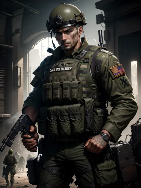 Soldiers in dark uniforms and assault rifles, ruined background, Realistic, Stylish, Assault vests, hdr, Intricate details, ultra - detailed, Cinematic, rim-light, danger atmosphere，Medics