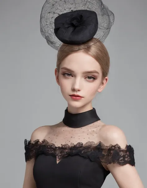 She wears a small cocktail hat on her head. She is very young, Elegant and beautiful 18 year old woman.
She wears slim, See-through, Off-the-shoulder, halterneck dress.
Her hair is long and straight