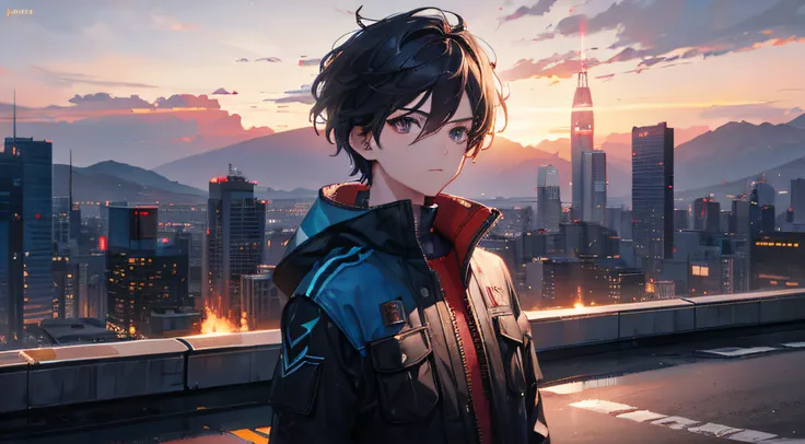 A boy with fire superpowers, surrounded by a blue aura, standing in the middle of a road in a neon city with a night backdrop. (best quality, 8k, highres, masterpiece:1.2), ultra-detailed, (realistic, photorealistic, photo-realistic:1.37), HDR, UHD, studio...