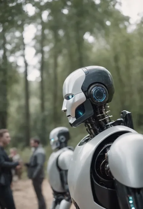 Robots platicando con humanos en el futuro, imagen hiperrealista full HD,4k.