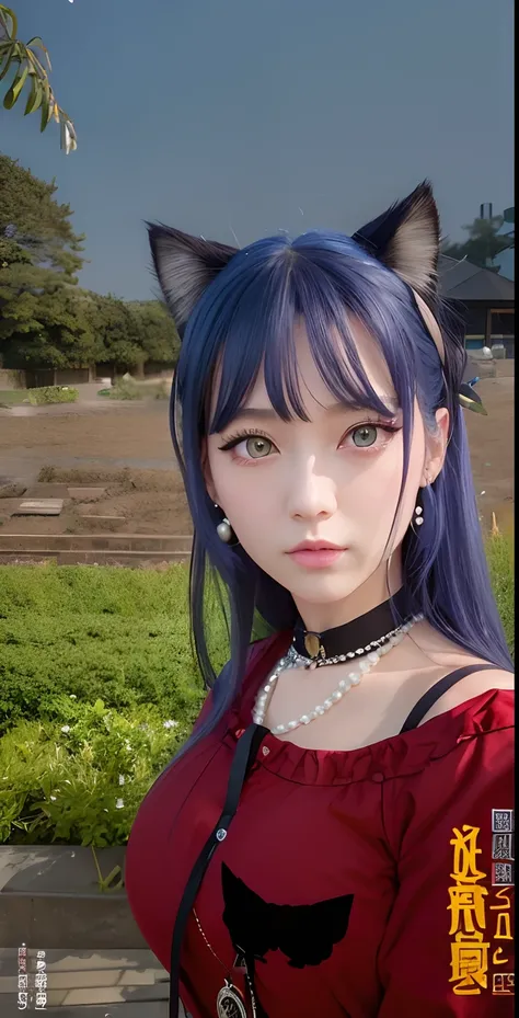 beautiful girl, long blue hair,  big red eyes, cat ear decoration, red jacket, black necklace, pearl earrings, detailed Japanese face, realistic, high detail, high resolution, garden background,selfie.Big breasts,