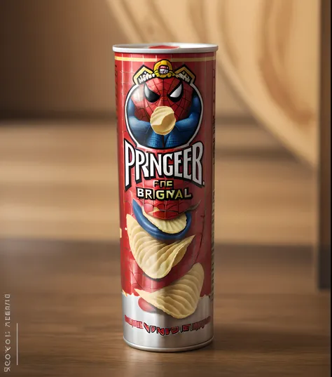 (best quality,highres),pringles spider man edition,metallic red, iconic shape of potato chips,iconic shape of pringles logo , vividly printer pringles on subject, portraits,vivid colors,sharp focus,physically-based rendering